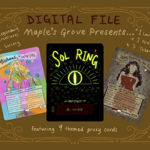 Könnte beinhalten: Eine digitale Datei mit neun thematischen Proxy-Karten von Maple's Grove. Das Set enthält Karten mit den Titeln Michael, the Distortion, Sol Ring und Jane Prentiss, the Hive, die farbenfrohe Illustrationen, Text und Spielmechaniken aufweisen.