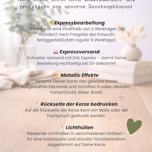 Könnte beinhalten: Werbebild mit deutschem Text, der die Optionen zur Kerzenanpassung detailliert. Zu den Merkmalen gehören Expressbearbeitung, Expressversand, Metallic-Effekte, Rückseitendruck und Kerzenschirme. Eine grüne Herzgrafik ist ebenfalls vorhanden.