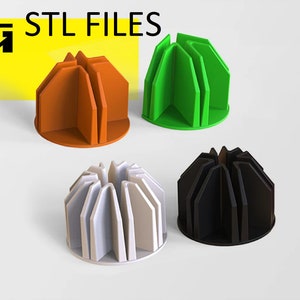 May include: Four 3D printed cable organizers in different colors: orange, green, white, and black. Each organizer has a circular base and a dome-shaped top with multiple slots for organizing cables.