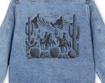 Unisex Denim Jacket, Desert Cowboy Scene, Western Jean Jacket