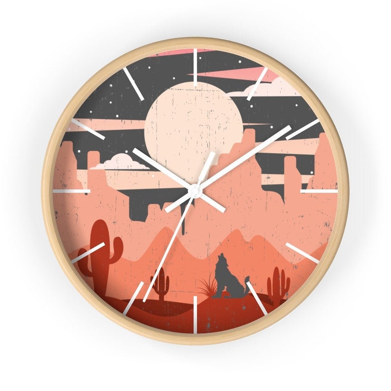 Wall Clock, Clocks, Gifts, Wolf Desert Sunset, Wooden Clock, Time, Wall Decor, Midnight, Wood, Plexiglass, Decor, Home Decor, Gifts image 1