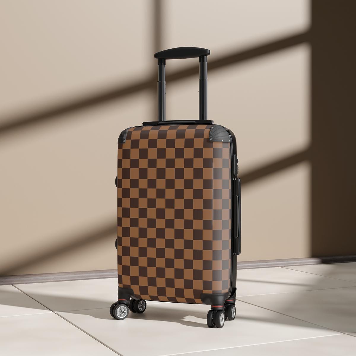 Checkered Brown Hard Steel Suitcase Travel Cabin Luggage Durable Plane Suitcase Stylish Checkered Brown Design Lightweight Secure Etsy