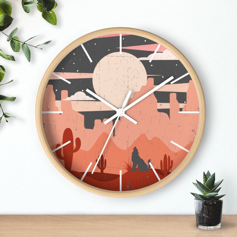Gifts Decor Wooden Clock Time Wall Decor Wall Clock Clocks Plexiglass Wood Wolf Desert Sunset Home Decor Midnight Gifts