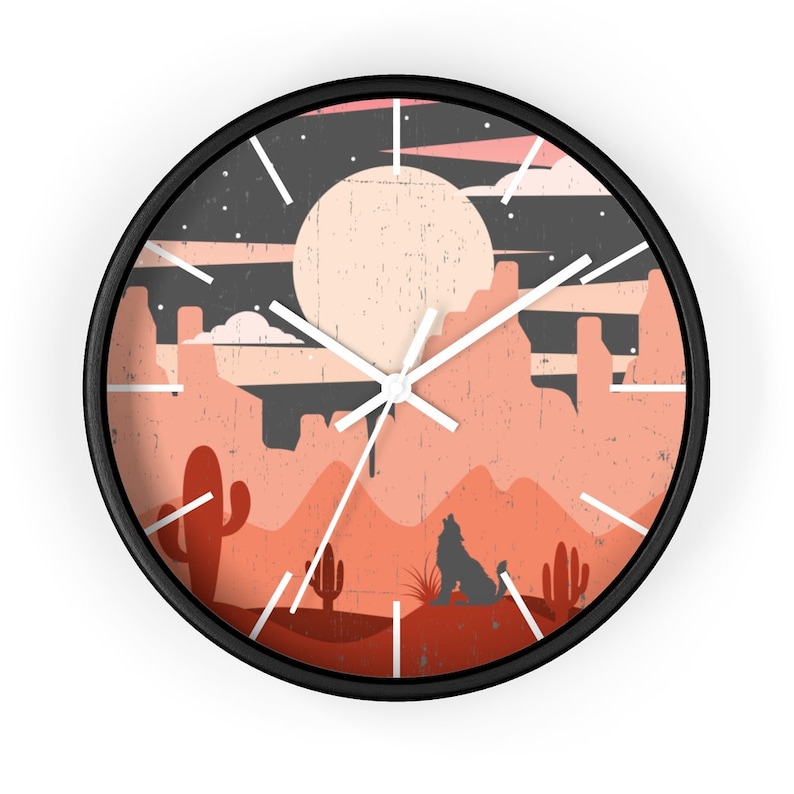 Gifts Decor Wooden Clock Time Wall Decor Wall Clock Clocks Plexiglass Wood Wolf Desert Sunset Home Decor Midnight Gifts