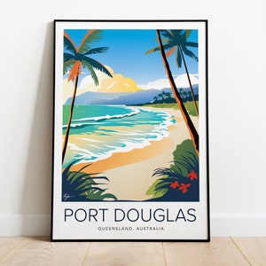 Four Mile Beach, Port Douglas Illustration Travel Poster - Port Douglas, Queensland Australia Landscape Print, Wall Decor Minimalist