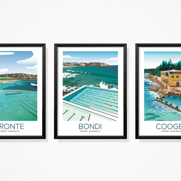 Sydney Beach Illustration Set of Three Prints, Triptych, Bondi, Bronte, Coogee, Tamarama, Sydney poster print, travel poster, Australian art