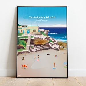 Tamarama Beach Travel Poster - Sydney, Australia Landscape, Sydney illustration, Sydney print, Australia travel poster, Borderless