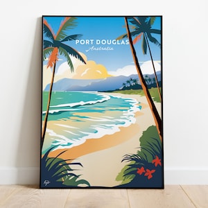 Four Mile Beach, Port Douglas Illustration Travel Poster - Port Douglas, Queensland Australia Landscape Print, Wall Decor Art Borderless