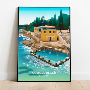 Coogee Beach Travel Poster - Sydney, Australia Landscape Borderless, Sydney illustration, Sydney poster, Sydney print, Sydney travel poster