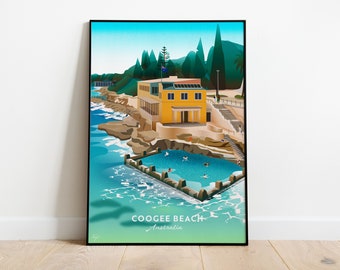 Coogee Beach Travel Poster - Sydney, Australia Landscape Borderless, Sydney illustration, Sydney poster, Sydney print, Sydney travel poster