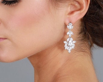 Silver Dangle Wedding Earrings, Marquis & Pear CZ Crystal, Bridal Jewelry