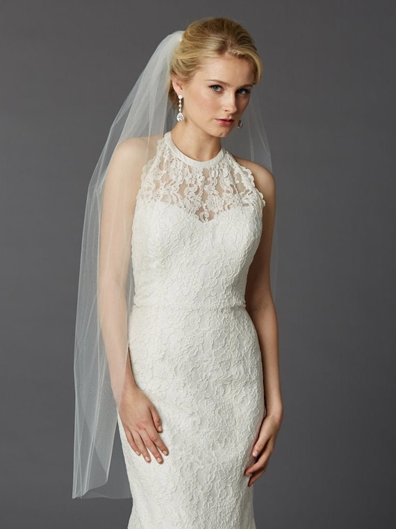 42” fingertip length sheer bridal veil Sheer Fingertip Length Veil with Raw Edge | WeddingVeil.com main image 4