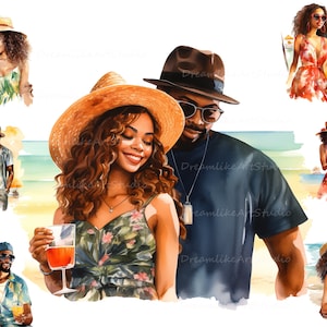 Acuarela Pareja Negra PNG, Pareja romántica en la playa Clipart PNG, Pareja afroamericana PNG, , Vacaciones en la playa Clip Art