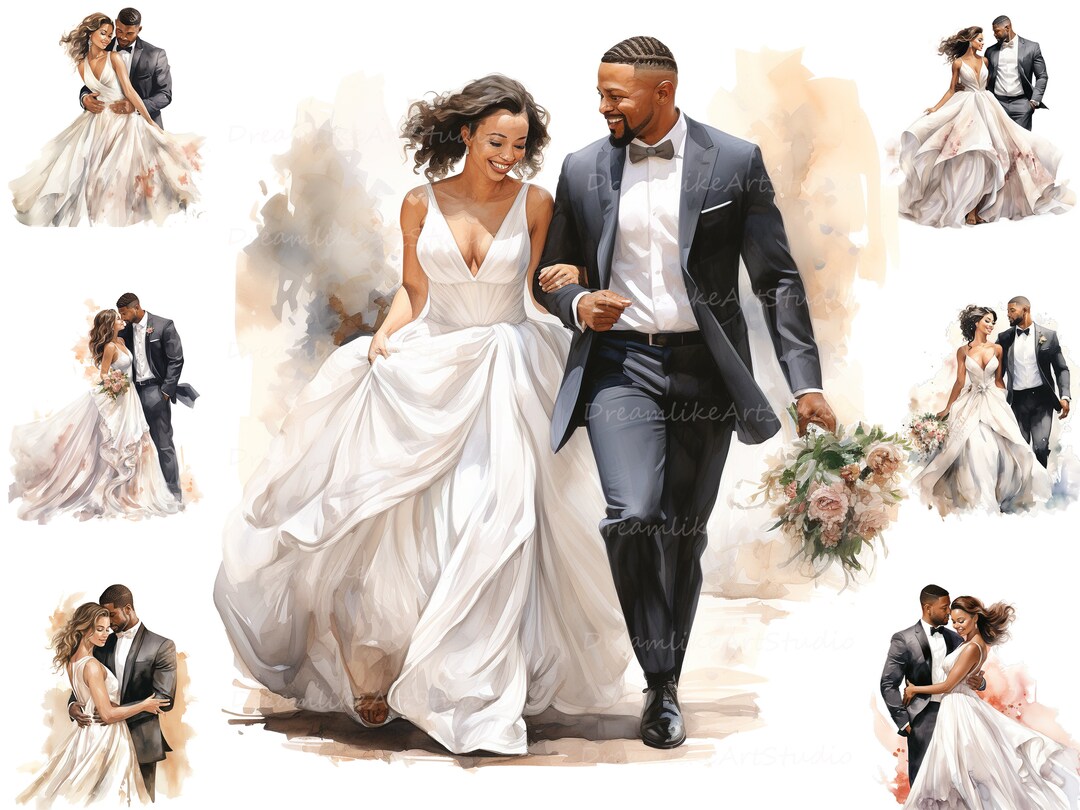 Watercolor Bride and Groom Clipart, Black Couple PNG, Romantic Couple