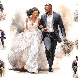 Aquarelle mariée et le marié Clipart, couple noir PNG, couple romantique PNG, mariage afro-américain PNG, Black Love Clip Art