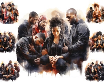 Group Praying Clipart, Black Prayers Clipart, Afro American People PNG, Religious Clipart, Pray PNG, Faith Clip Art