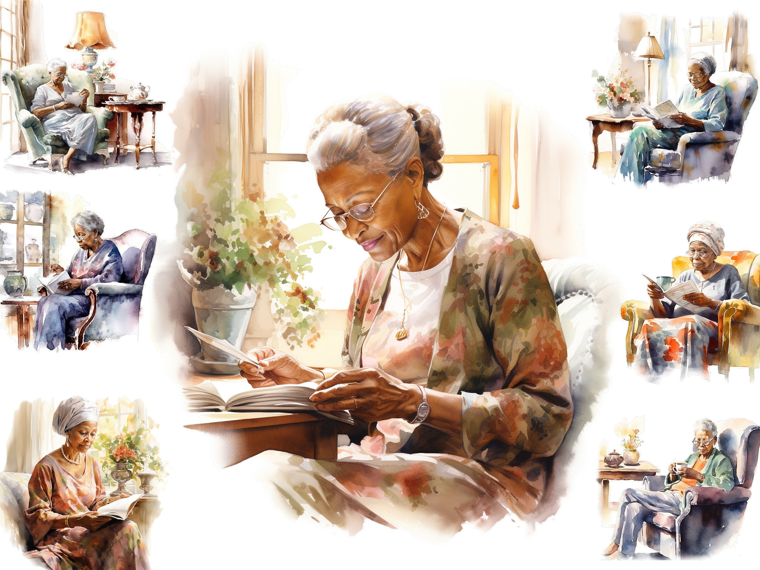 Watercolor Black Elderly Woman Reading Clipart, Grandma Reading, Senior Lady Reading PNG, Black Elderly Woman PNG