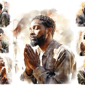 Gebed clipart, zwarte man bidden clipart, Afro-Amerikaanse man png, religieuze clipart, bid png, geloof illustraties