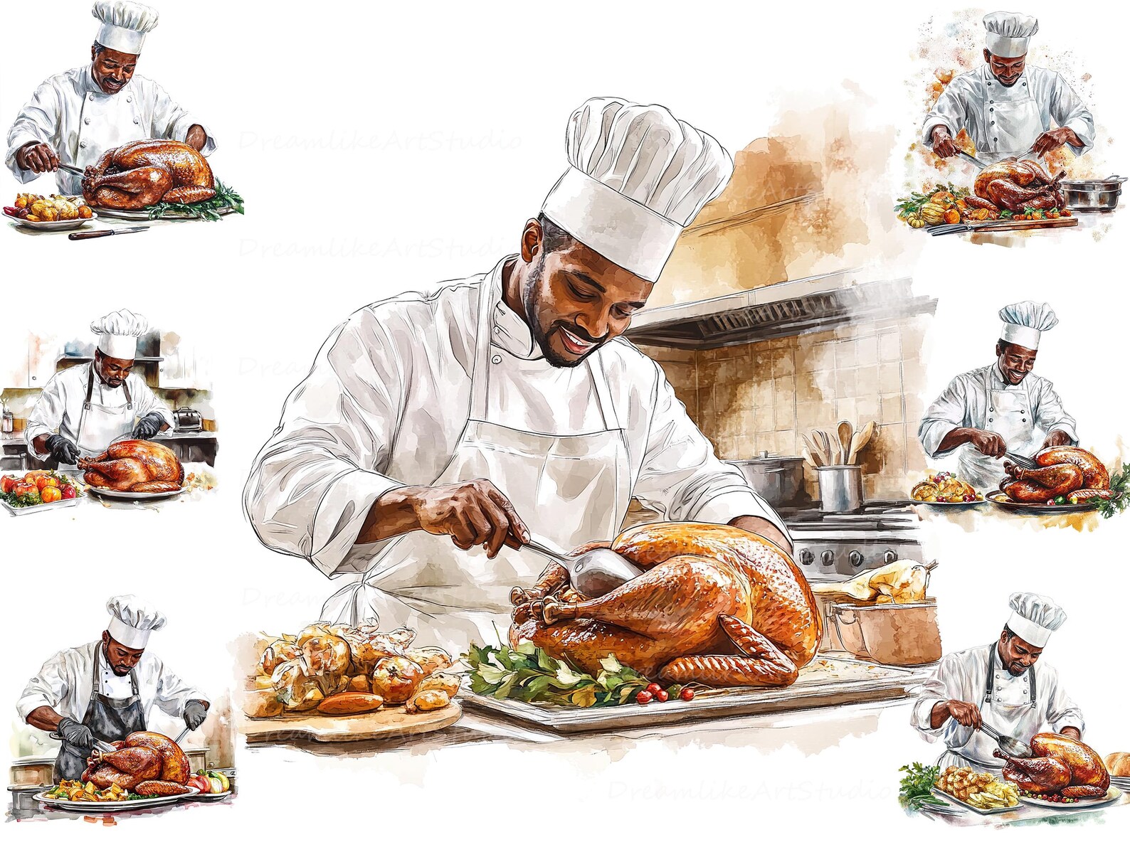 Cooking Clipart, Watercolor Black Man Cooking Turkey, Man Cooking PNG ...