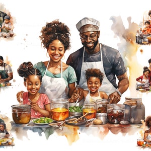Glückliche Familie Kochen Clipart, Aquarell schwarze Familie Clipart, Elternschaft Clipart, afroamerikanische Familie PNG