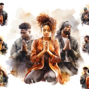 Groep bidden clipart, zwarte vrouwen en mannen gebeden clipart, Afro-Amerikaanse png, religieuze clipart, bid png, geloof illustraties