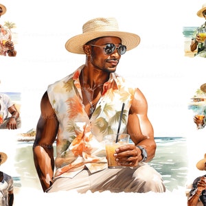 カクテルを飲む男性クリップアート PNG、アフロアメリカン男性 PNG、水彩画の黒人男性 PNG、ビーチでの休暇クリップアート