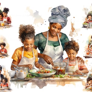 Clipart de mãe e filhos cozinhando, clipart de família preta em aquarela, clipart de paternidade, mãe afro-americana, filhos png