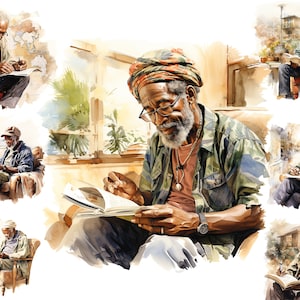 Acuarela anciano leyendo imágenes prediseñadas, hombre afroamericano PNG, viejo negro viajero clipart, hombre mayor PNG