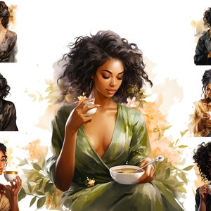 En sirotant du thé des cliparts PNG, femme afro-américaine PNG, aquarelle femme noire buvant du thé Clipart, clipart amateur de thé