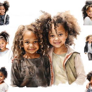 Schwarze Kinder Clipart, Aquarell Beste Freunde Clipart, kleine schwarze Mädchen PNG, Afro Mädchen Clipart, süße schwarze Kinder, Instant Download