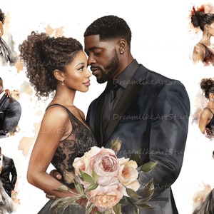 Aquarell schwarzes Paar PNG, Romantisches Paar PNG, Afroamerikanische Hochzeit PNG, Schwarze Liebe Clip Art