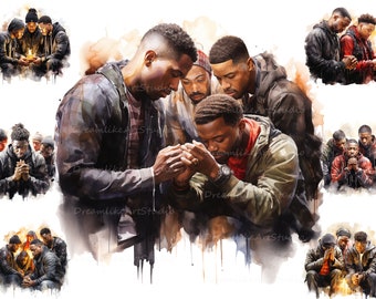 Group of Men Praying Clipart, Black Men Prayers Clipart, Afro American Men PNG, Religious Clipart, Pray PNG, Faith Clip Art
