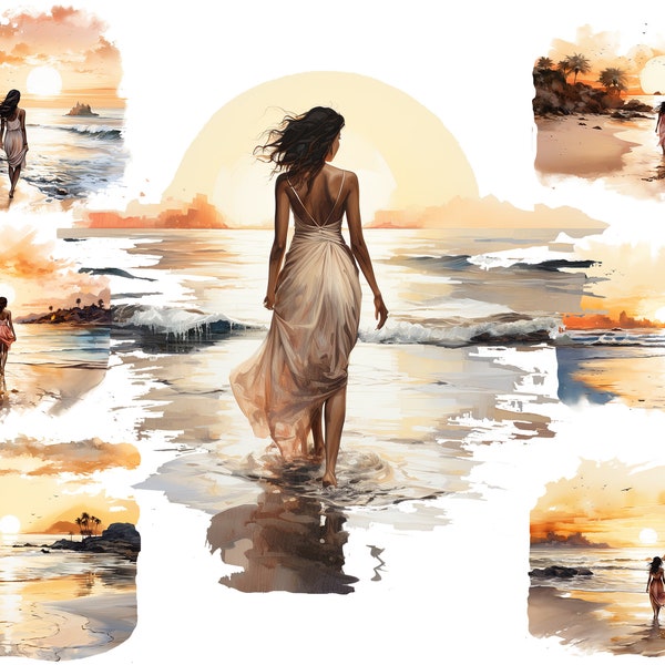 Woman Walking on the Beach Clipart, Watercolor Walking Clipart, Summer Sunset PNG, Sunset Clipart