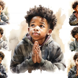 Kleine zwarte jongen bidden clipart, gebed clipart, Afro-Amerikaanse jongen PNG, religieuze clipart, bid PNG, geloof clip art