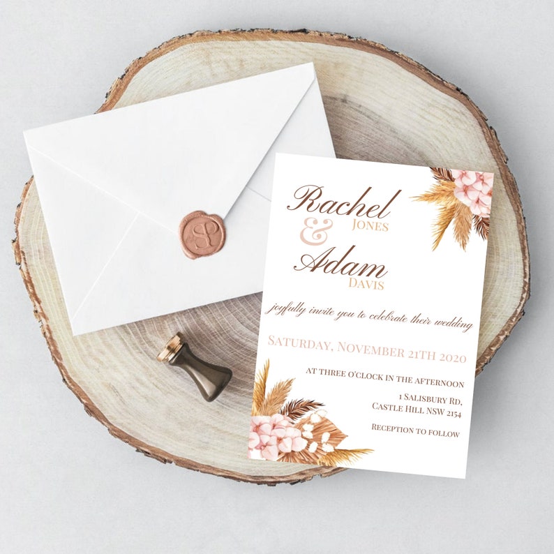 Boho Wedding Invitation Pampas Grass Invite Printable Boho