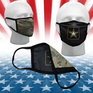 May include: Three face masks with different designs. One mask is black with a yellow star and the text "U.S. ARMY". Another mask is camouflage with a yellow star. The third mask is black with a yellow star and a camouflage pattern.