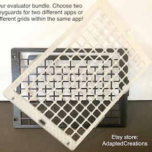 May include: Two clear plastic keyguards for a keyboard. The keyguards are layered on top of each other. The top keyguard is slightly offset from the bottom keyguard. The text "Our evaluator bundle. Choose two keyguards for two different apps or different grids within the same app!" is visible at the top of the image. The text "Etsy store: Adapted Creations" is visible at the bottom of the image.