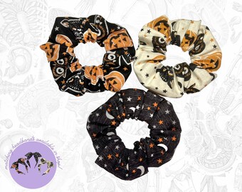 Halloween retro Scrunchie, Scrunchy, jacks, owls, black cats, spooky gifts