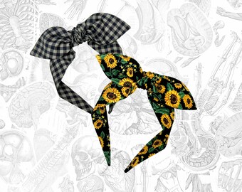 Sunflower Top Knot Headband, Buffalo check bowband, gift for her