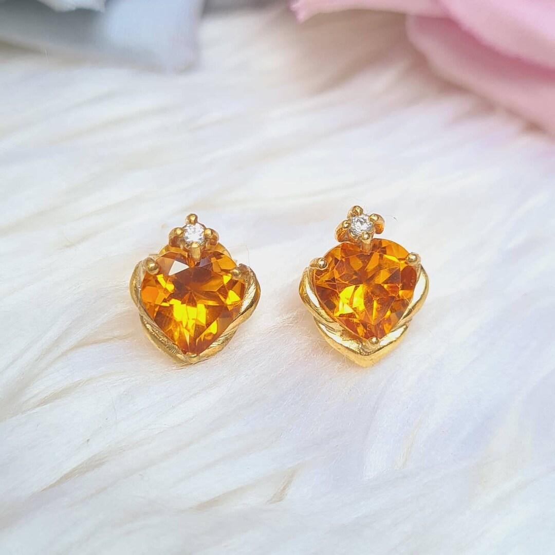 Boucles D'oreilles Argent 925 Puce Avec Citrines Naturelles Et Zircons - Neuf