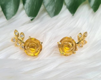 Natural Citrine rose-shaped stud earrings silver with gold-plated