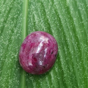 May include: A smooth, oval-shaped pink gemstone with a swirling pattern, resting on a green leaf.