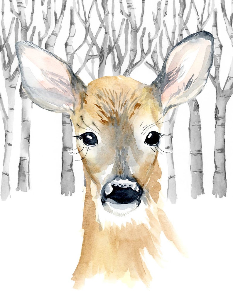 Woodland Deer Watercolor Wall Art Print for Baby Room