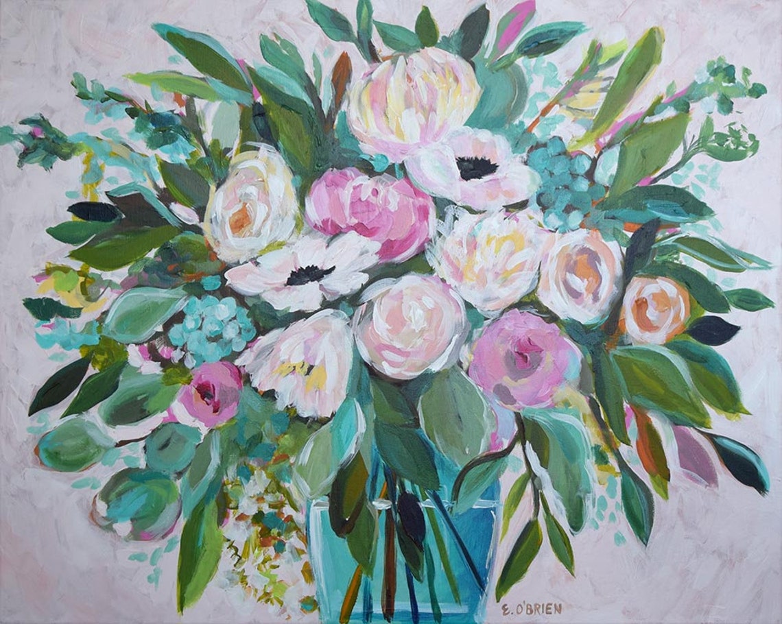 Floral Wall Art Print of Abstract Painting in Aqua, Blue, Pinks, Blush