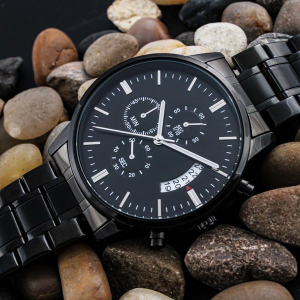 Men's Customized Engraved Black Chronograph Watch, Dad Watch, Boyfriend Watch, Son Watch, Dad Watch, Groomsmen Gift