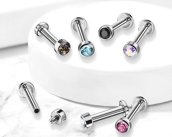 Titanium Internally Threaded Labret With Bezel Set CZ Top