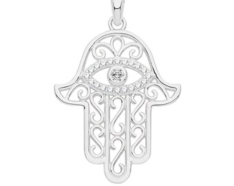 Sterling Silver CZ Hamsa Rhodium Pendant