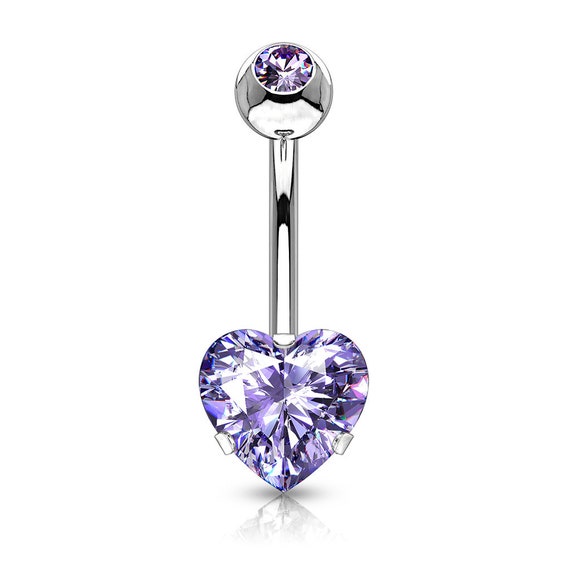 CZ Heart Prong Set Surgical Steel Belly Bar Navel Ring Etsy