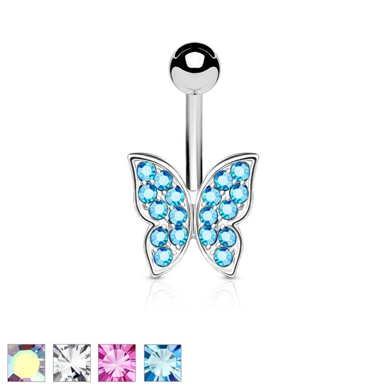 Crystal Paved Butterfly Surgical Steel Belly Bar image 1