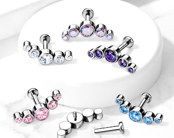 Titanium Labret Cartilage Stud With Bezel Set 5 CZ Curved Top